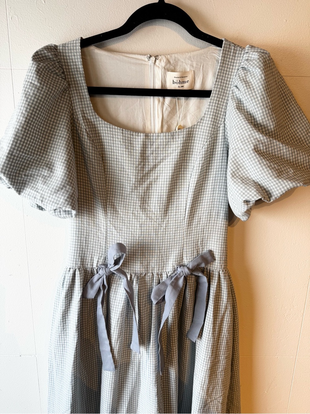 Boheme Light Blue Gingham Maxi Dress with Square Neck and Puff Sleeves - Picture 8 of 13